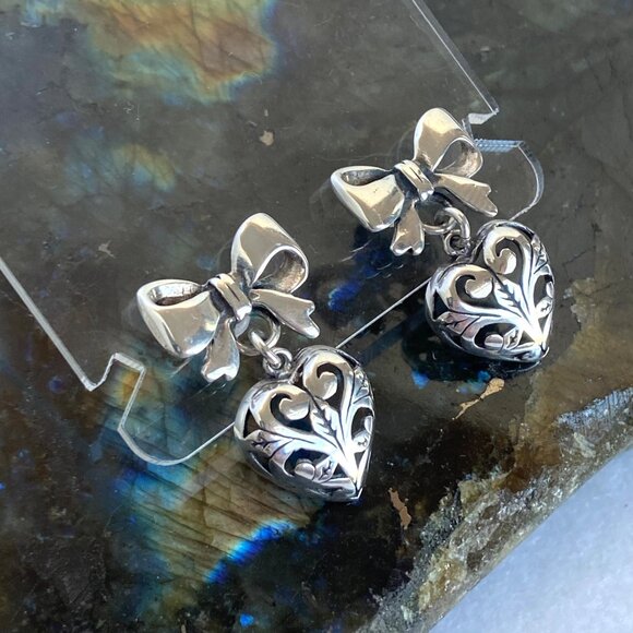 VTG Sterling Silver 925 1" Pierced Scrollwork Heart Dangle Bow Stud Earrings - Picture 7 of 16
